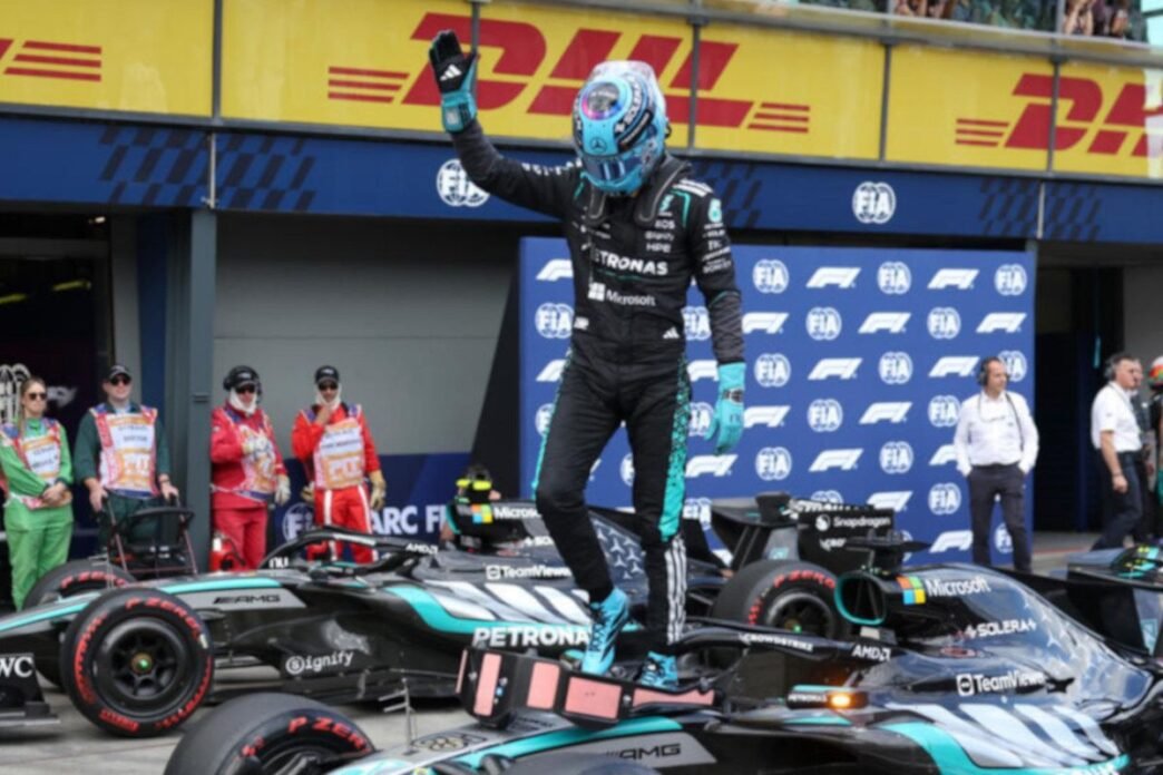 George Russell in his Mercedes car