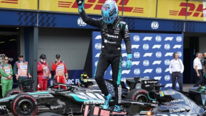 George Russell in his Mercedes car