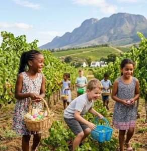 Family enjoying Easter egg hunt in Winelands