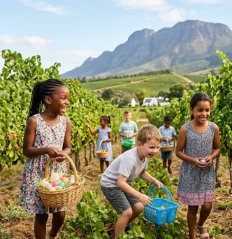 Family enjoying Easter egg hunt in Winelands