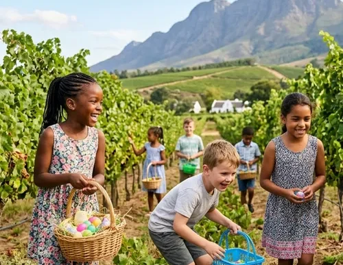 Family enjoying Easter egg hunt in Winelands
