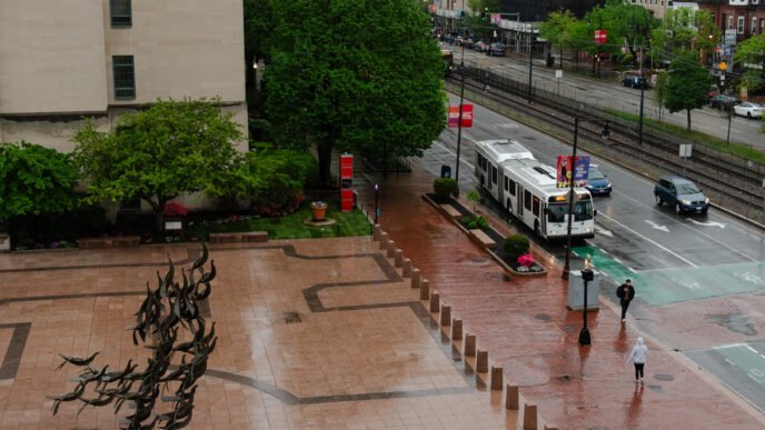 Pride flags on a university campus