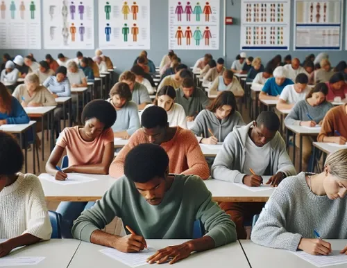 Students in a classroom with laptops and tablets
