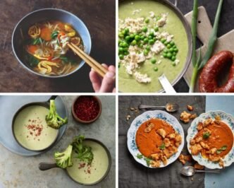 A bowl of creamy tomato and basil soup with sourdough croutons