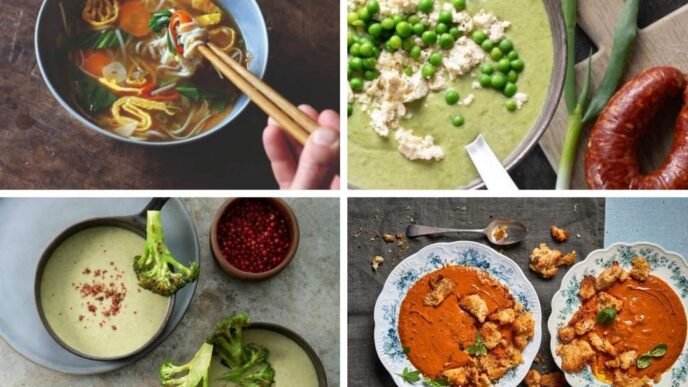A bowl of creamy tomato and basil soup with sourdough croutons