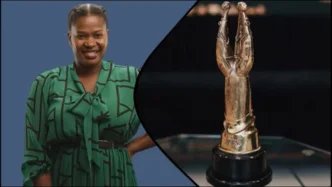 Zenande Mfenyana holding her Golden Horn award