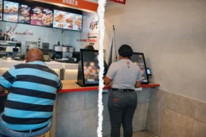 Self-checkout machines in a retail store