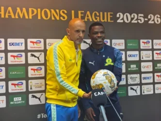 Miguel Cardoso and Tsiki Ntsabeleng during a pre-match press conference