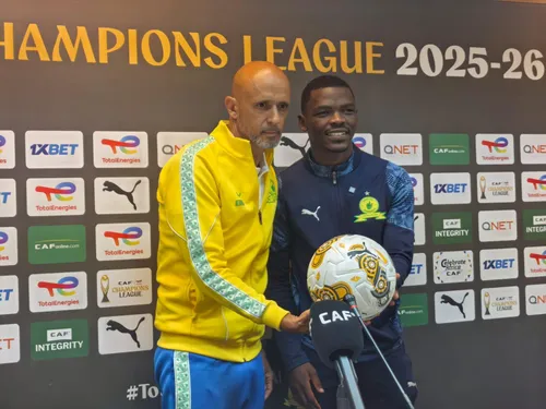 Miguel Cardoso and Tsiki Ntsabeleng during a pre-match press conference