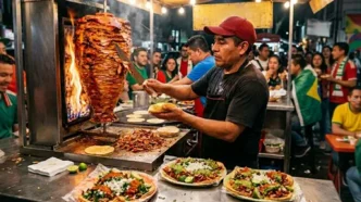 A photo of a taco, burger, and poutine