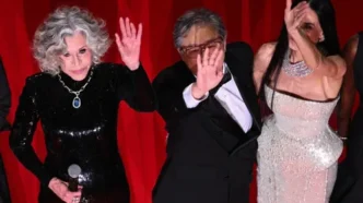 Jane Fonda and Gong Li on stage at the Cannes Film Festival