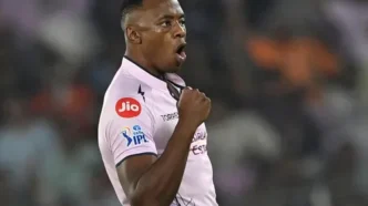 Kagiso Rabada celebrates taking a wicket