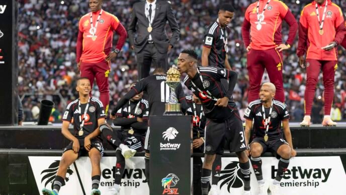 Orlando Pirates players celebrating their PSL title win