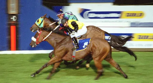 Horse racing track with jockeys and horses